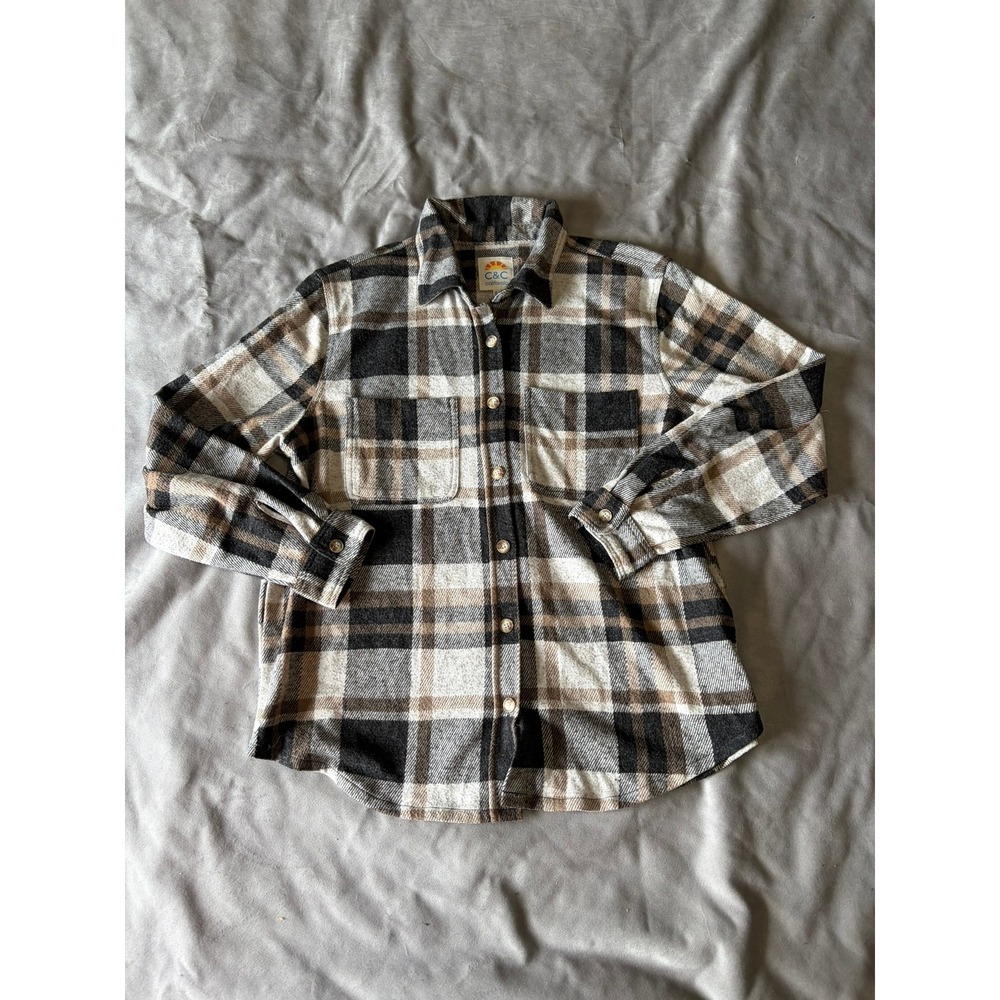C&C California Neutral Plaid Flannel Button Down Shirt XL Black Tan Shacket